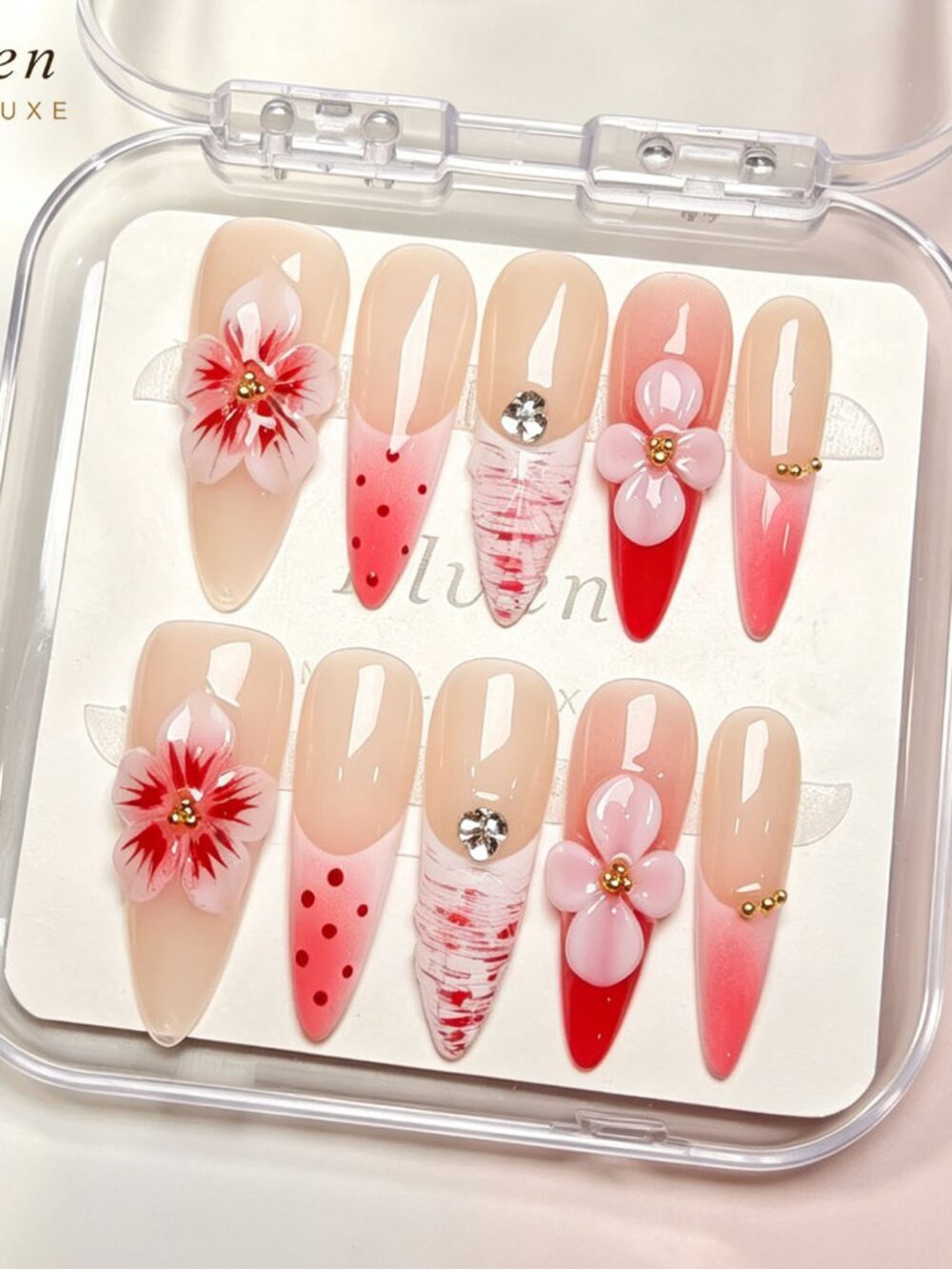 Elegant Pink and Red Floral Stiletto Handmade Press On Nails Set
